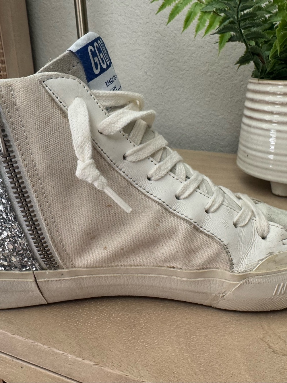 EUC Golden Goose Slide High-Top Sneakers with Silver Glitter Accents Black Star - Picture 5 of 13